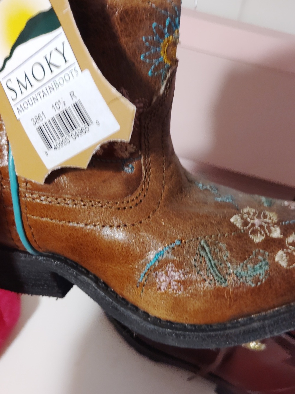 Smoky Brown Embroidered Cowboy Boots with Turquoise Trim - Size 10.5